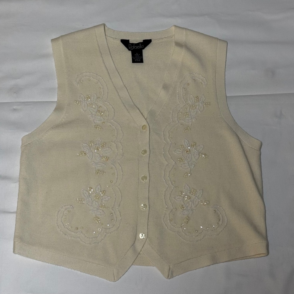 Rafaella Beaded Floral Sweater Vest L Cream Merino Wool Blend Cottagecore